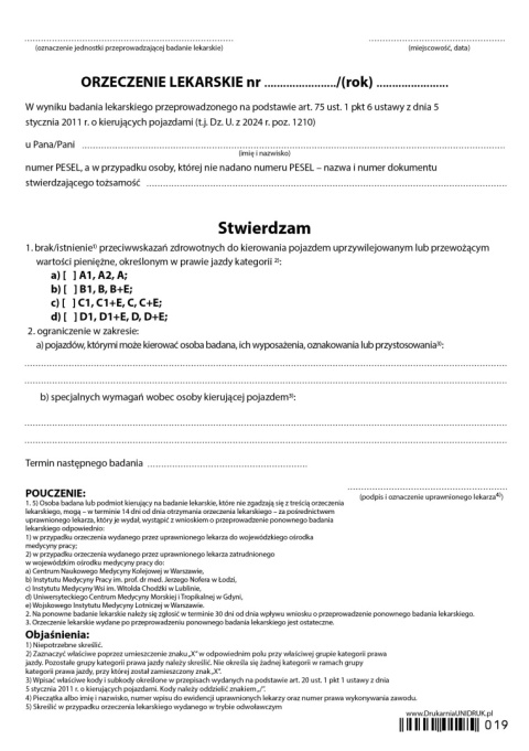 Orzeczenie lekarskie dla kierujących pojazdami uprzywilejowanymi - druk Orzeczenie lekarskie dla kierujących pojazdami uprzywilejowanymi - druk