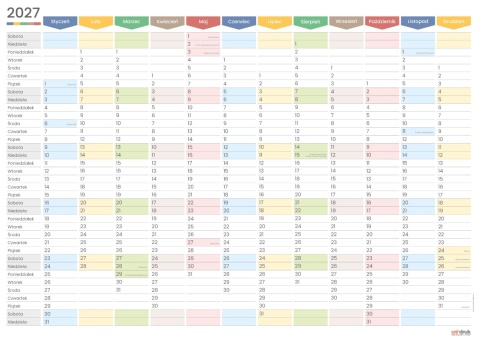 Planer ścienny kalendarz 2027 A2 suchościeralny TĘCZA