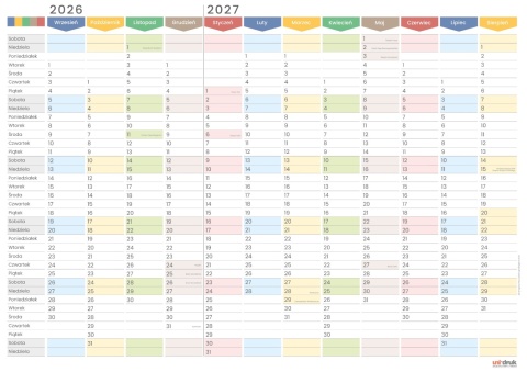 Planer ścienny szkolny kalendarz 2026/2027 A1 suchościeralny TĘCZA