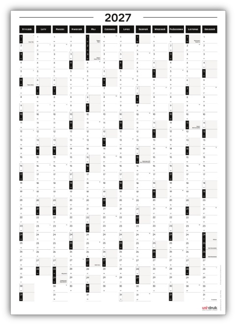 Samoprzylepny Planer ścienny kalendarz 2027 B2 suchościeralny pionowy B&W